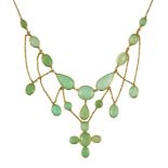 A cased American? 10ct gold mounted and chrysoprase cluster set fringe necklace, set with oval and