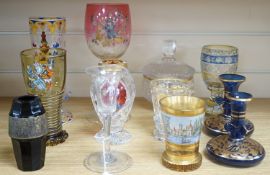 A wheel engraved Bohemian blue and yellow glass goblet, a similar gilded beaker in the manner of