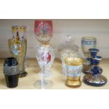 A wheel engraved Bohemian blue and yellow glass goblet, a similar gilded beaker in the manner of