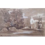 Sixth Earl of Essex (1803-1892), Tree lined landscape with farmhouse and figures, pencil and sepia
