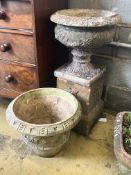 A terracotta campana garden urn on square plinth, height 77cm., together with a circular
