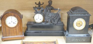 An inlaid mahogany mantel clock, slate mantel clock and a figural spelter mantel clock (3)
