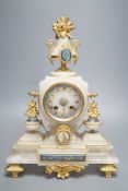 A late 19th century French alabaster and ormolu mounted mantel clock with key and pendulum - 39cm