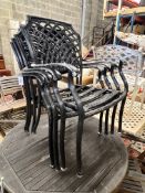 A set of four painted aluminium stacking garden elbow chairs