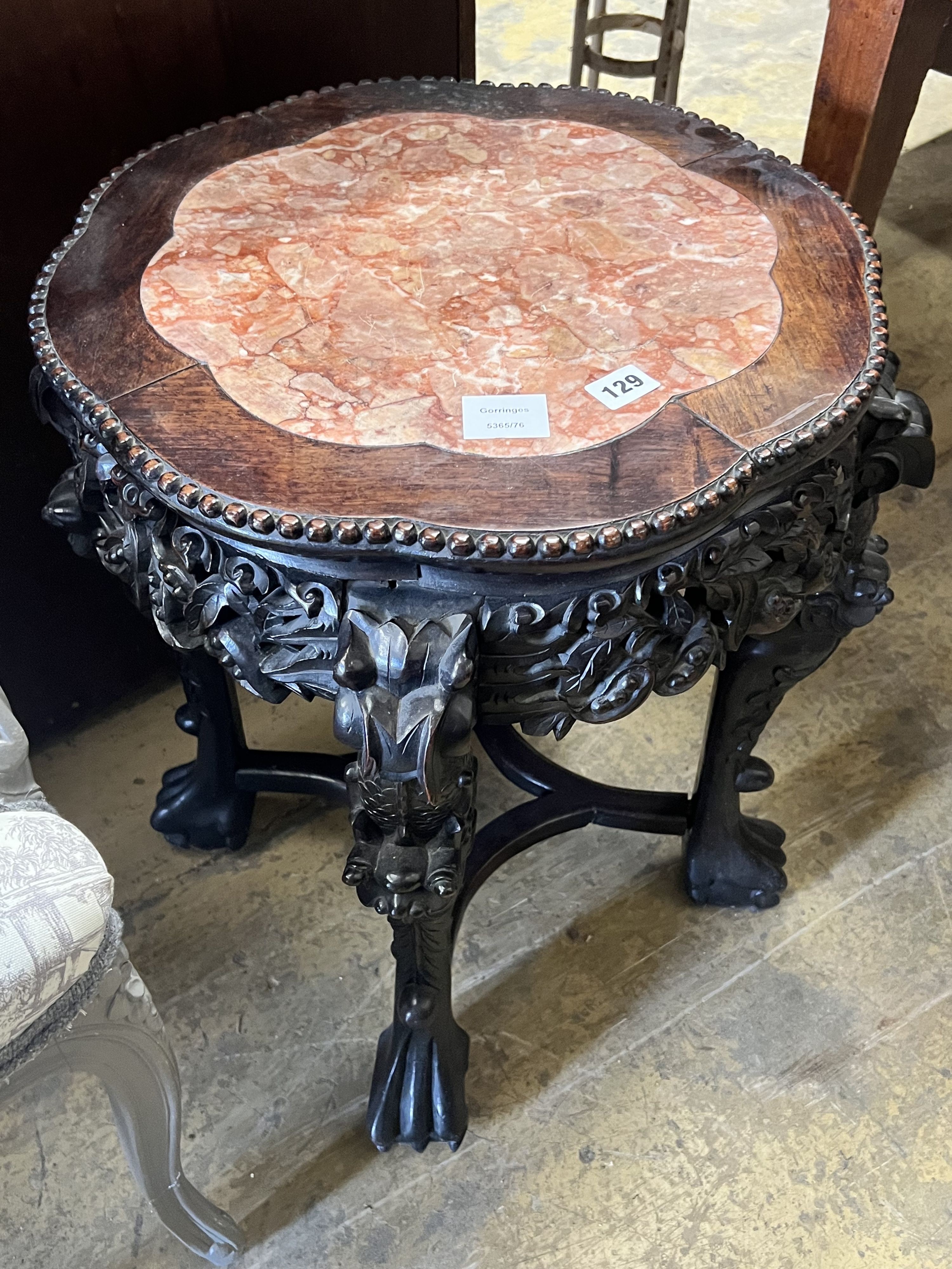 A Chinese carved hongmu circular marble topped jardiniere stand, diameter 46cm height 58cm - Image 2 of 6