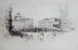 Fred Farrell, drypoint etching, Piccadilly Circus, signed in pencil, 20 x 30cm and a Tom Maxwell