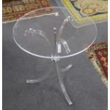 A Charles Hollis Jones style circular lucite tripod table, diameter 67cm height 69cm