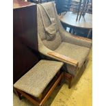 A Scandinavian upholstered armchair and foot stool, chair width 86cm depth 80cm height 102cm