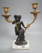 A bronze and ormolu putto two branch candelabrum-33 cms high.