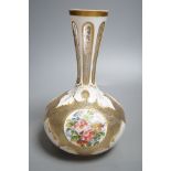 A 19th century Bohemian overlaid glass bottle vase, enamel painted panels - 22cm tall