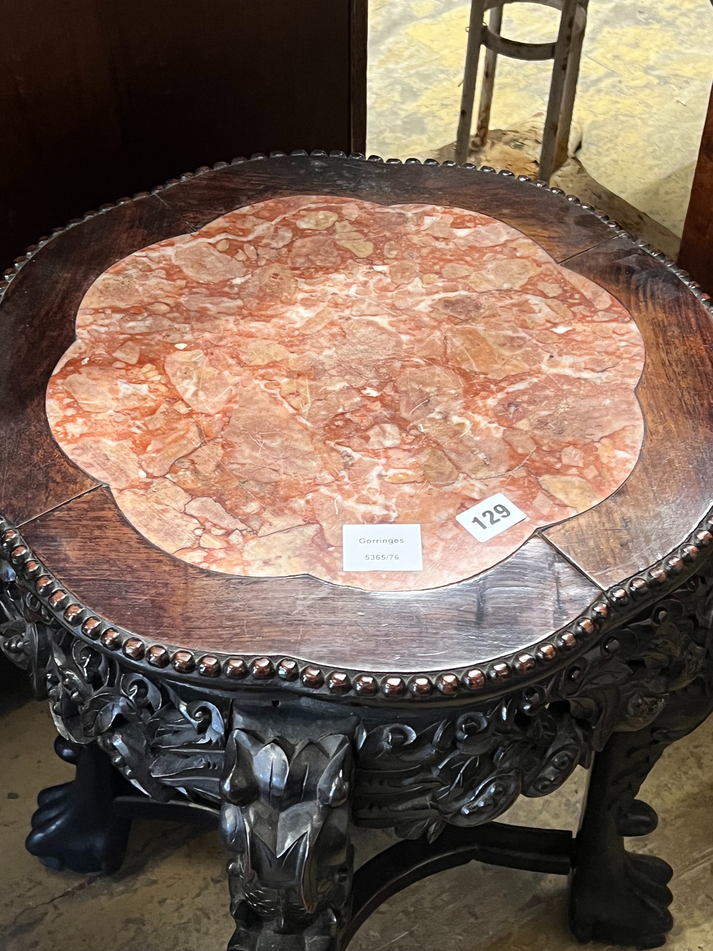 A Chinese carved hongmu circular marble topped jardiniere stand, diameter 46cm height 58cm - Image 3 of 6