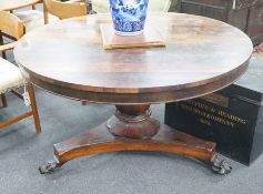 A William IV Rosewood circular rosewood tilt top breakfast table, diameter 120cm height 69cm