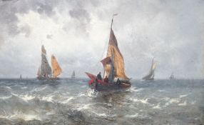 19th century English school, oil on canvas, fishing boats in squally seas, 36 cm x 58 cm
