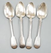 Two pairs of William IV silver fiddle pattern table spoons, London, 1831 and 1833, 9oz.