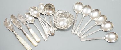 A late Victorian repousse silver bonbon dish, 91mm an assorted silver cutlery including three