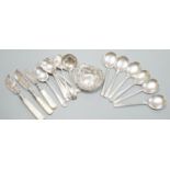 A late Victorian repousse silver bonbon dish, 91mm an assorted silver cutlery including three