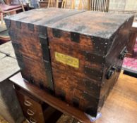 A Victorian iron bound oak silver chest, with engraved brass plaque 'Her Majesty Mercury Candelabrum