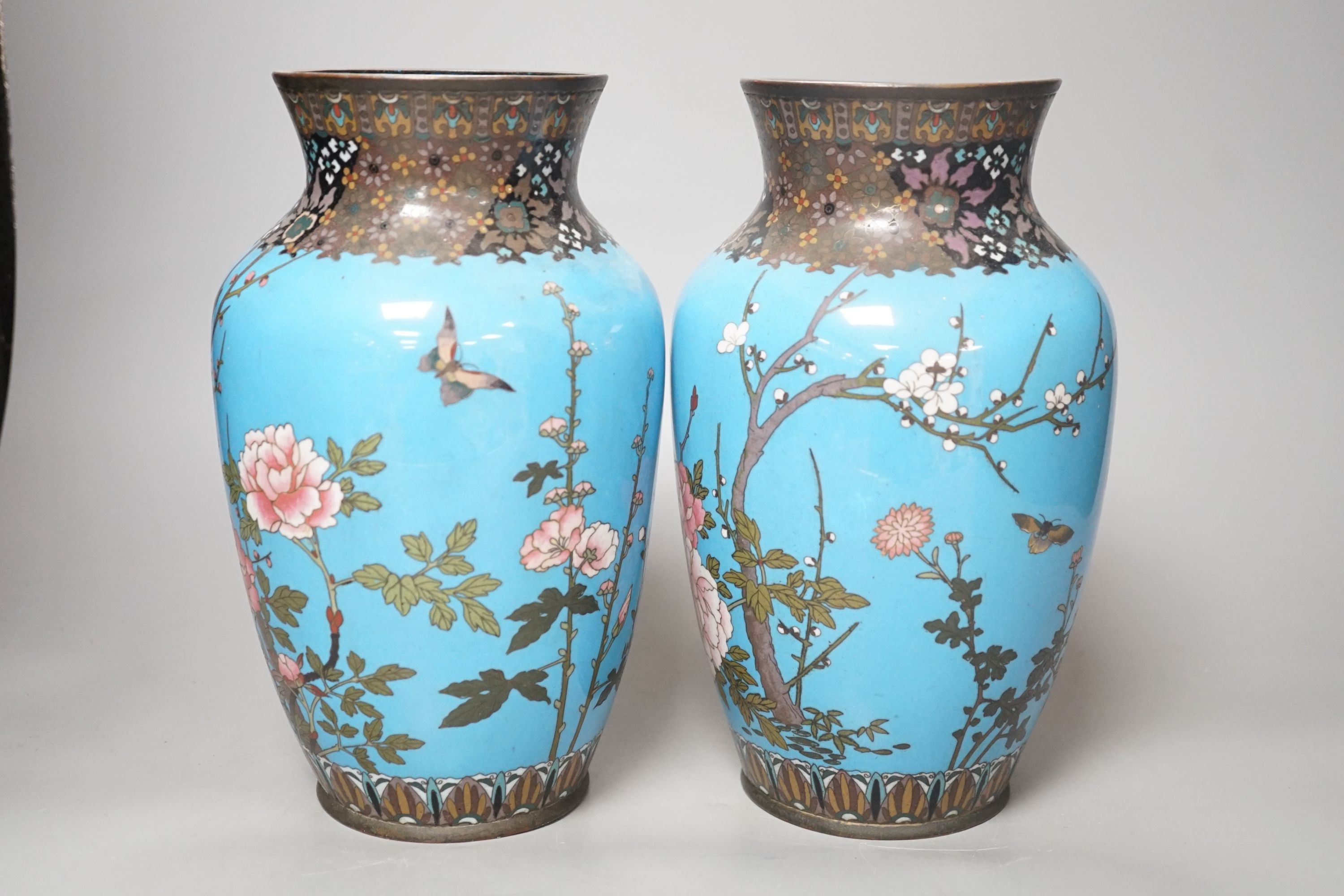 A pair of Japanese blue cloisonné enamel floral vases - 25cm tall - Image 2 of 5