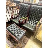 A pair of Victorian style mahogany and buttoned green leather open armchairs and matching footstool