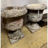 A pair of reconstituted stone acanthus moulded circular campana garden urns, diameter 49cm height