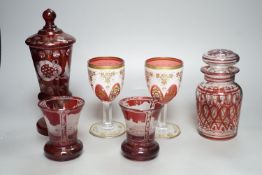 A pair of 19th century Bohemian ruby overlaid wine glasses, possibly Moser and other bohemian ruby