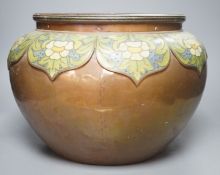 A large Arts and Crafts style copper and champleve enamel jardiniere-26.5 cms high.