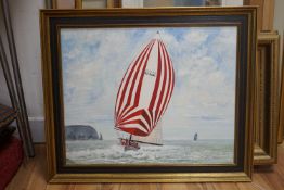 Gordon Metcalfe, oil on board, racing yacht off the Needles, 39.5 cm x 49.5 cm