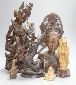 Three Balinese hardwood Macassar Ebony carvings, tallest 44.5 cm, two Chinese soapstone carvings and