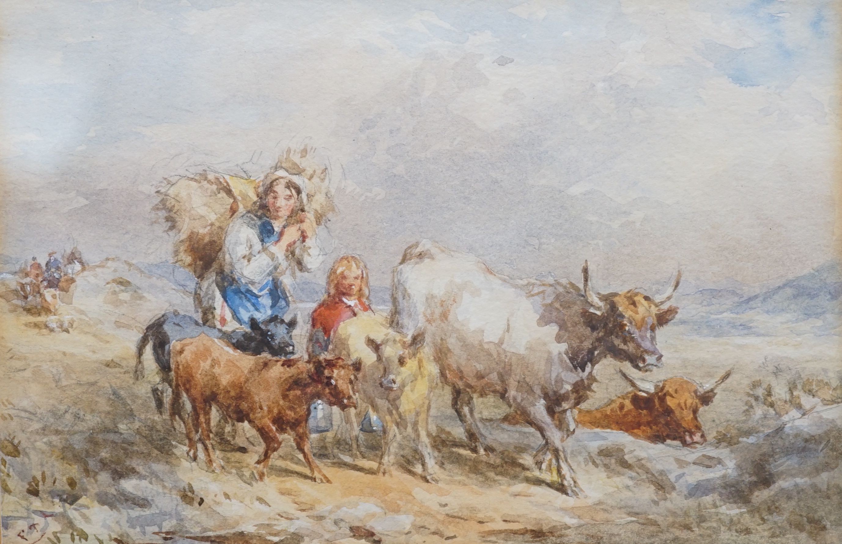 John Frederick Taylor (1802-1889), Milkmaid with cows on a country road, watercolour, signed