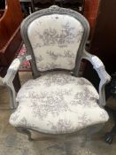 Two Louis XVI style painted fauteuils, larger width 59cm depth 43cm height 85cm