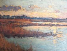 Pieter Stobbaerts, oil on board, Sunset over a lake, signed, 26 x 34cm