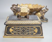 An Indian resin ‘elephant’ box and cover and similar centrepiece, 36cm long