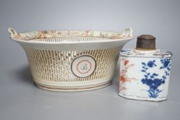 A late 18th century Chinese export famille rose chestnut basket, 27cm long, and a Chinese Imari