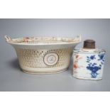 A late 18th century Chinese export famille rose chestnut basket, 27cm long, and a Chinese Imari