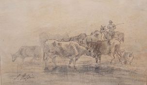 Sawrey Gilpin (1733-1807), Cattle at a ford, pencil and sepia drawing, signed, 13.5 x 21.5cm
