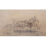 Sawrey Gilpin (1733-1807), Cattle at a ford, pencil and sepia drawing, signed, 13.5 x 21.5cm