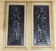 A pair of carved and ebonised wood panels of Grecian muses, by N. Laval. c.1830, framed