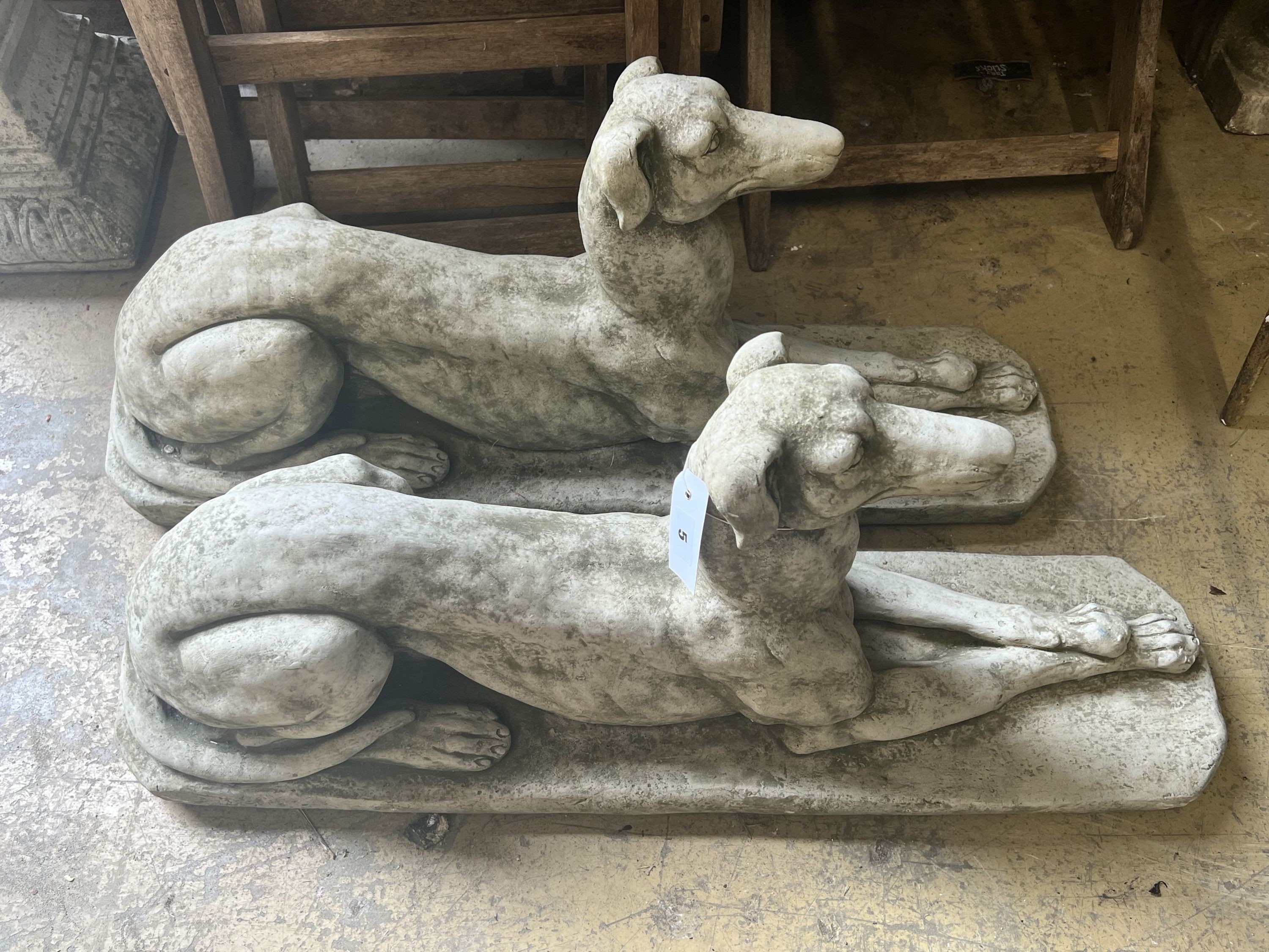 A pair of reconstituted stone recumbent greyhound ornaments, length 82cm - Image 2 of 6