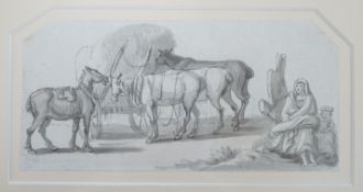 Paul Sandby (1725- 1809), Wagon and horses, pencil and grey wash drawing, 6.5 x 15cm