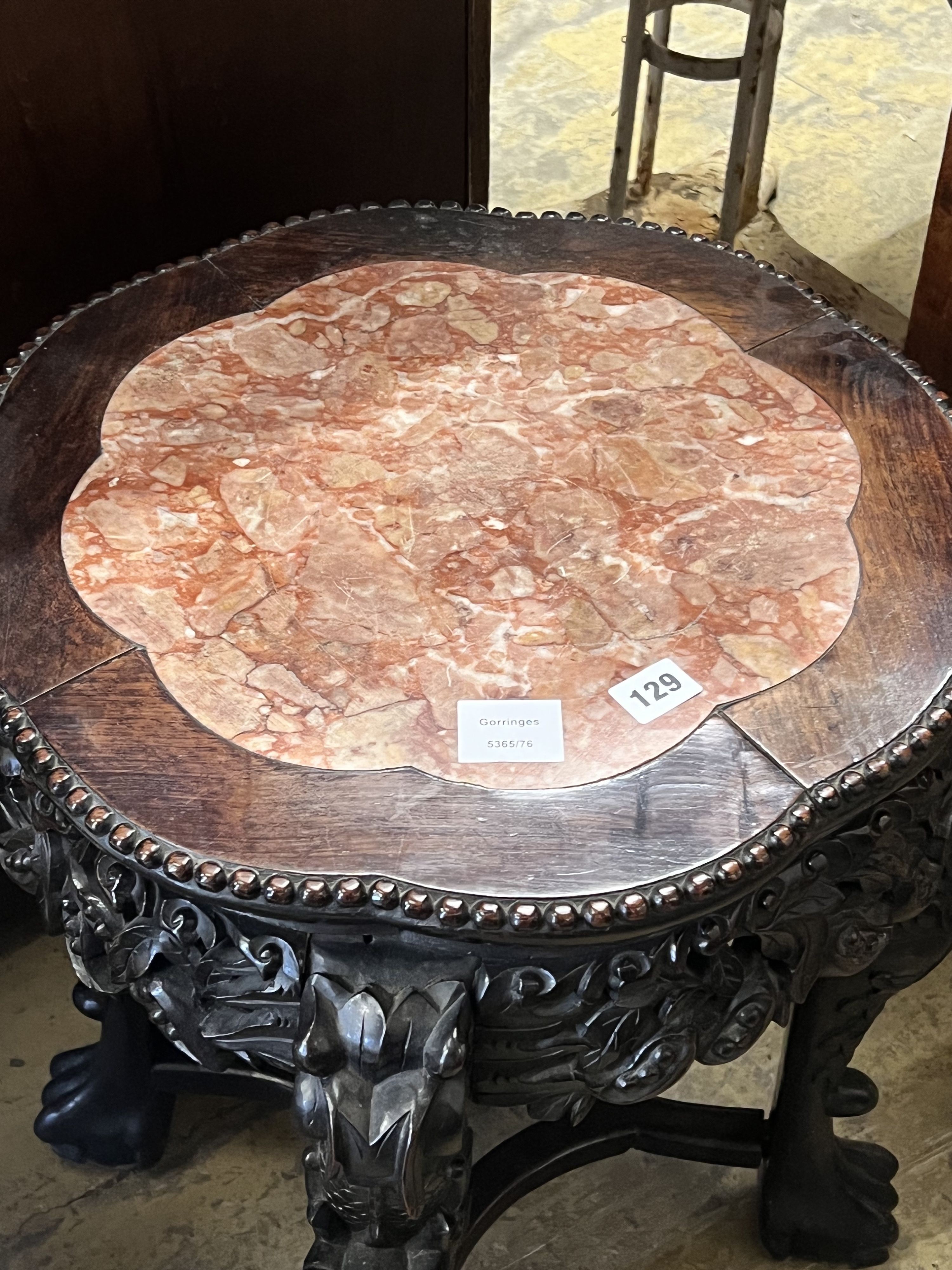 A Chinese carved hongmu circular marble topped jardiniere stand, diameter 46cm height 58cm - Image 4 of 6