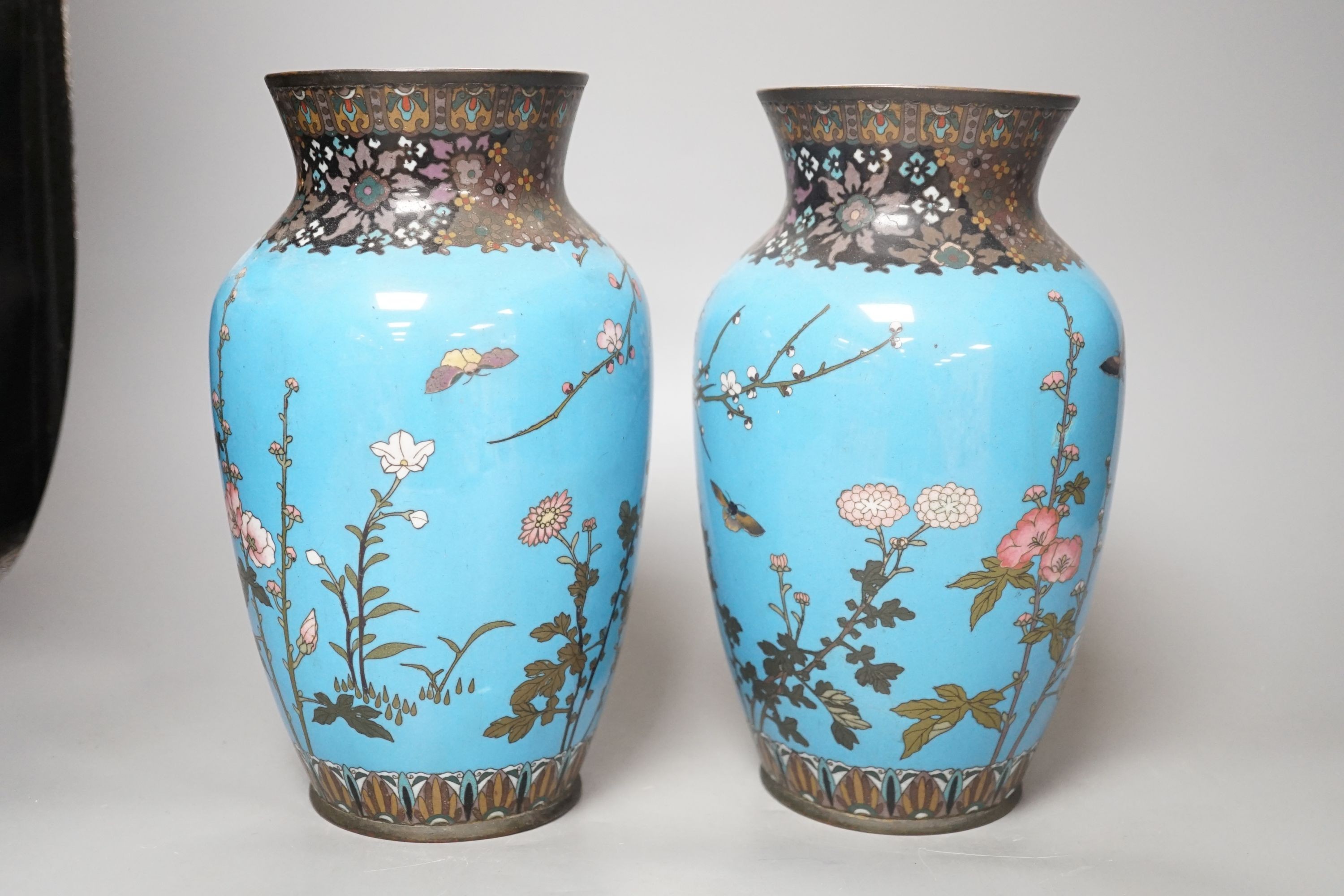 A pair of Japanese blue cloisonné enamel floral vases - 25cm tall - Image 3 of 5