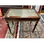 A late 19th century French ormolu mounted mahogany two drawer writing table, width 94cm depth 55cm