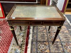 A late 19th century French ormolu mounted mahogany two drawer writing table, width 94cm depth 55cm