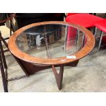 A circular G plan glass top teak coffee table, diameter 84cm height 46cm