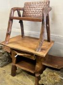 A rustic fruitwood side table and chair, table width 148cm depth 62cm height 81cm