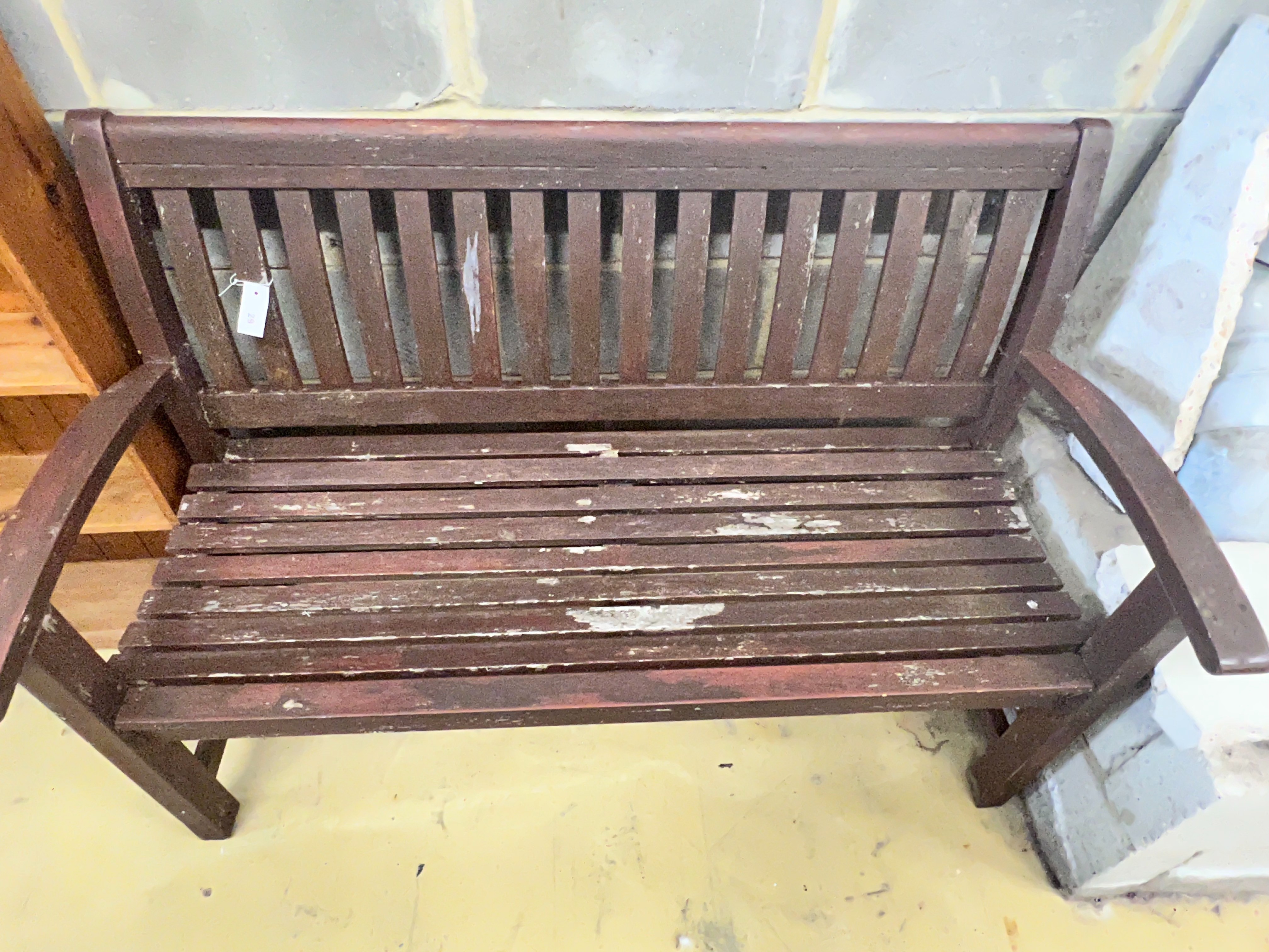 A stained teak slatted garden bench, 138 x 58cm height 92cm - Image 3 of 4