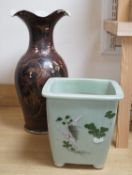 A large Japanese lacquered porcelain vase and a Japanese celadon ground jardiniere-vase 50 cms