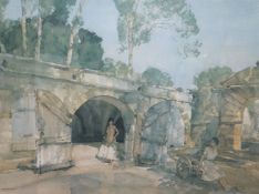 Sir William Russell Flint - a chromolithograph - 'Spanish courtyard with two women at a gateway', 46