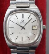 A gentleman's 1970's stainless steel Omega Seamaster automatic wrist watch, on a stainless steel