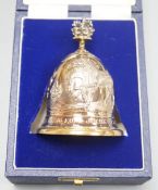 A cased modern embossed silver gilt hand bell, with engraved inscription, 'The Royal Hong Kong